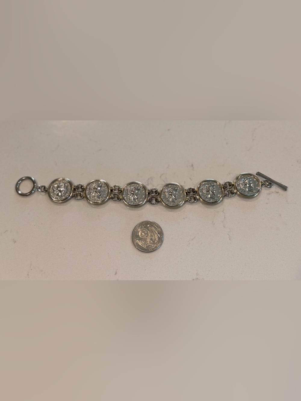 Vintage Silvertone Faux Coin Medallions Set In Goldtone Tennis Bracelet 8 1/4”
